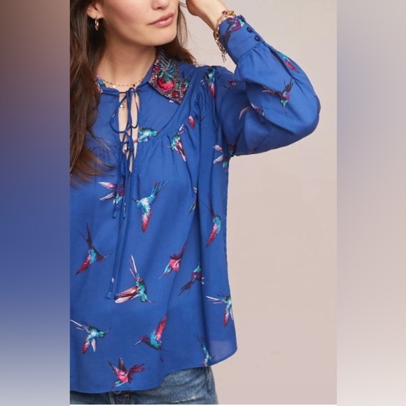 Anthropologie Ranna Gill Audubon Embroidered collared Blouse sequins hummingbird - Picture 3 of 13